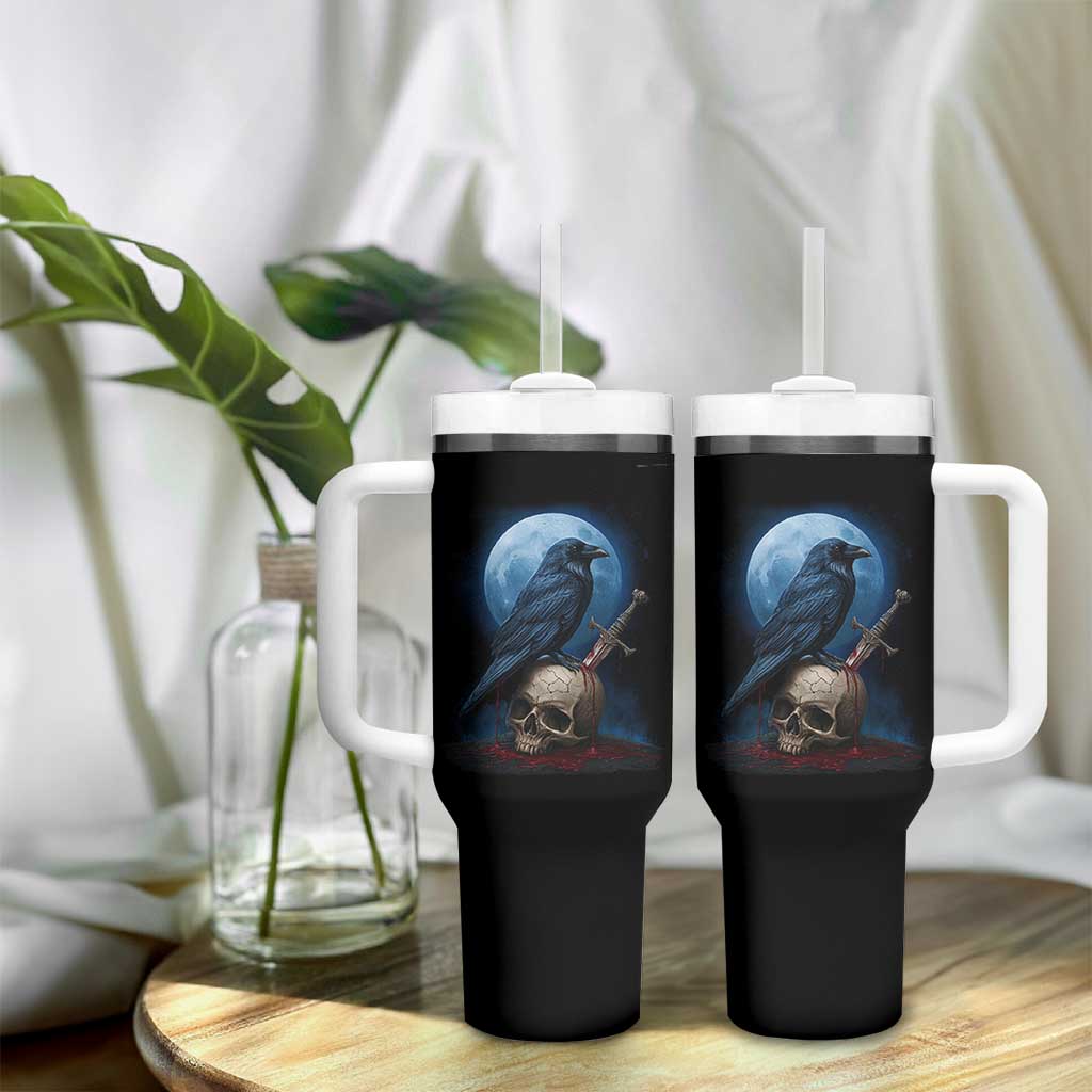 Horror Raven On Skull Tumbler With Handle Full Moon Gothic Art