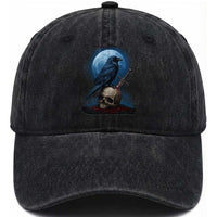 Horror Raven On Skull Washed Cotton Baseball Cap Full Moon Gothic Art