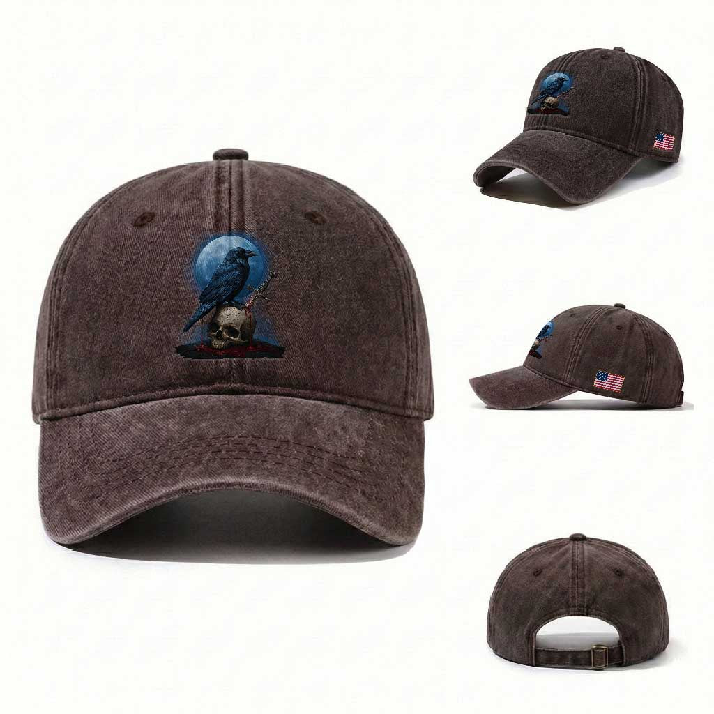 Horror Raven On Skull Washed Cotton Baseball Cap Full Moon Gothic Art