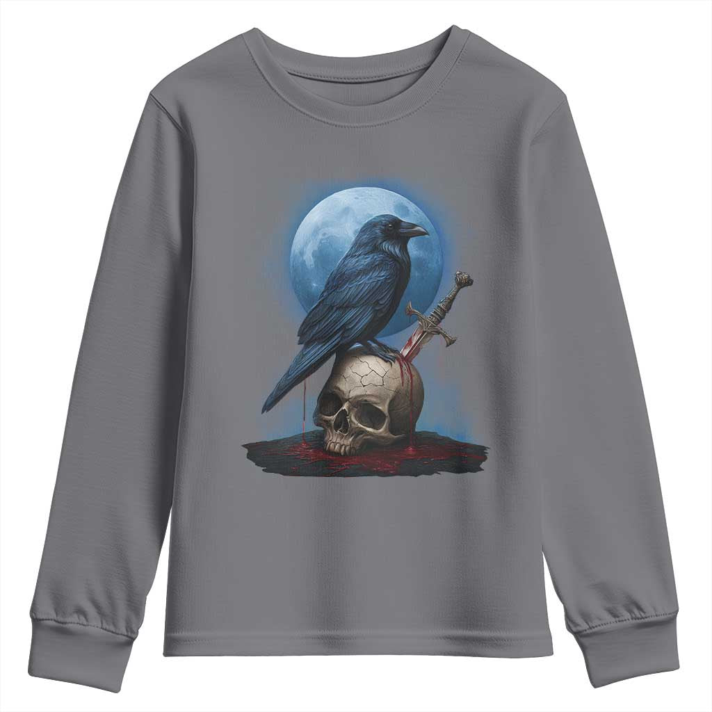 Horror Raven On Skull Youth Sweatshirt Full Moon Gothic Art - Wonder Print Shop