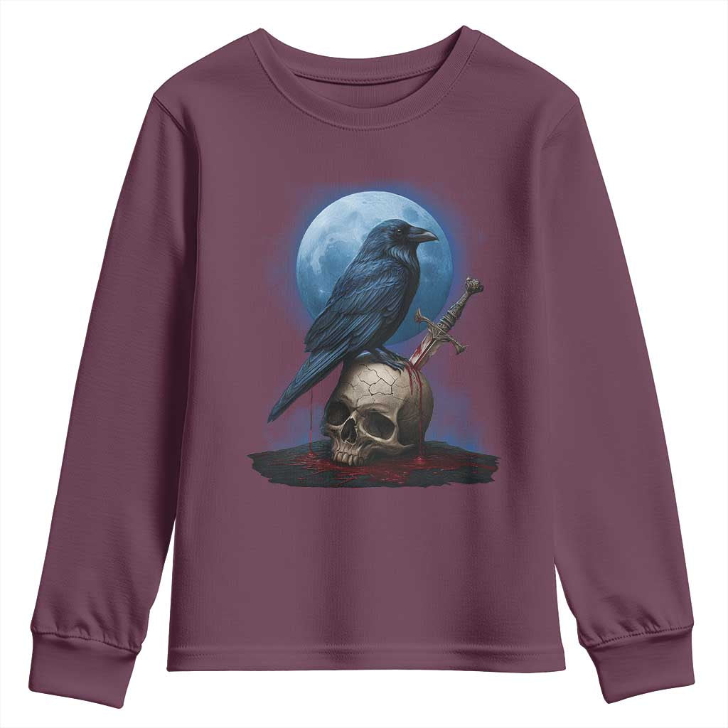 Horror Raven On Skull Youth Sweatshirt Full Moon Gothic Art - Wonder Print Shop