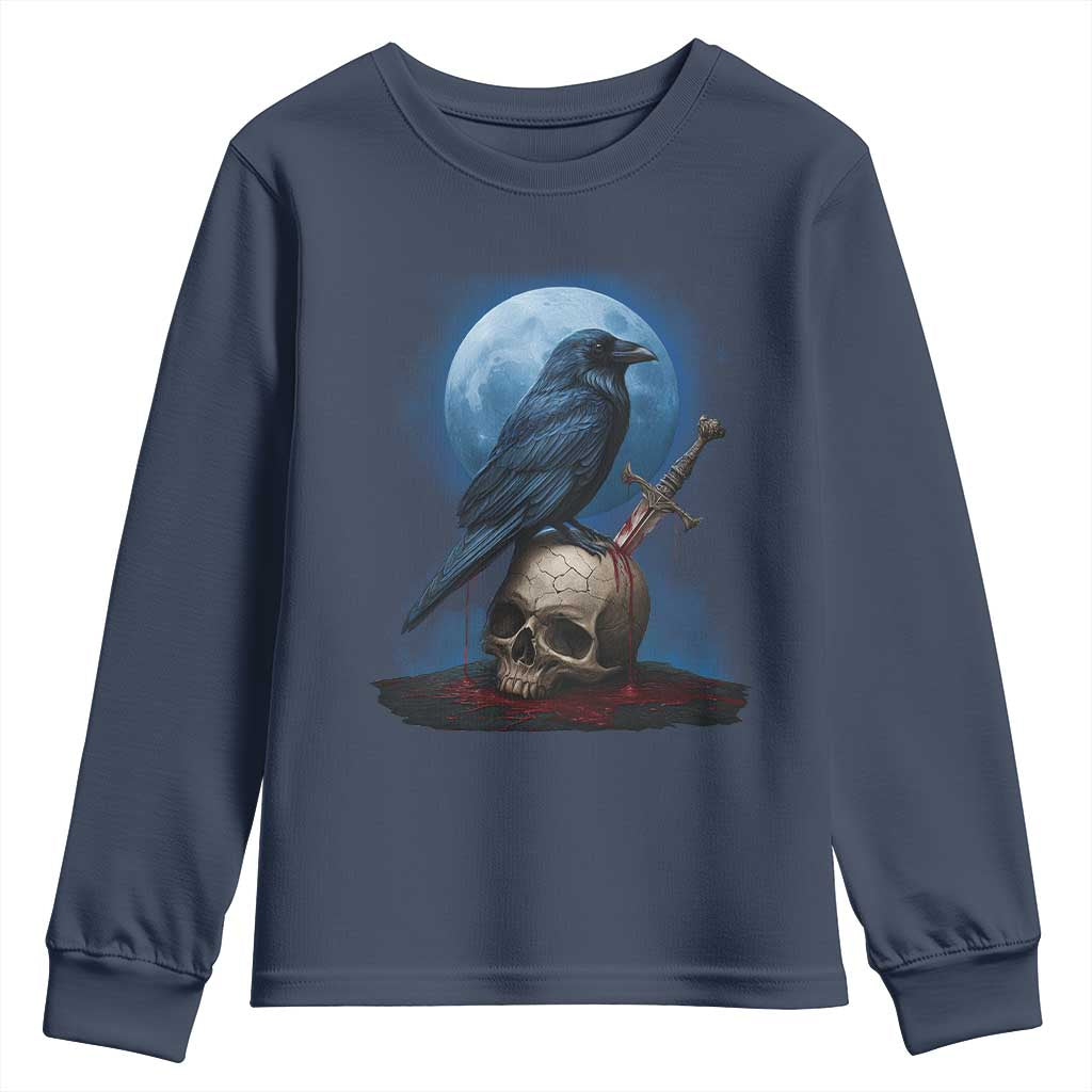 Horror Raven On Skull Youth Sweatshirt Full Moon Gothic Art - Wonder Print Shop