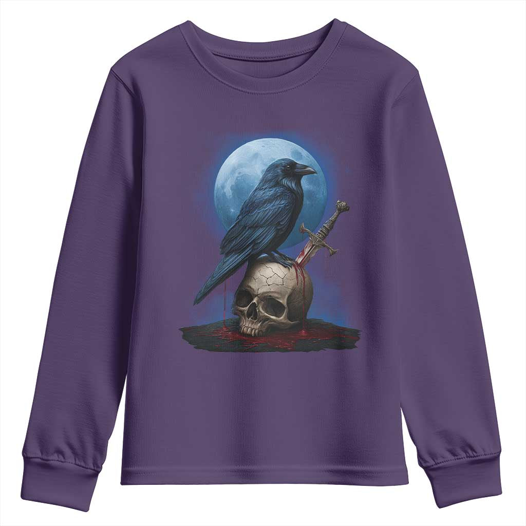 Horror Raven On Skull Youth Sweatshirt Full Moon Gothic Art - Wonder Print Shop