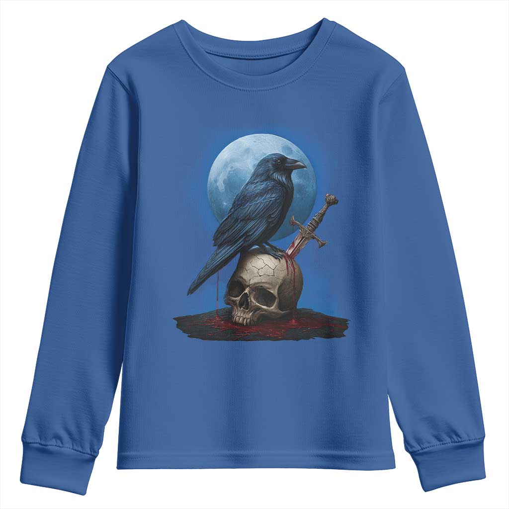 Horror Raven On Skull Youth Sweatshirt Full Moon Gothic Art - Wonder Print Shop
