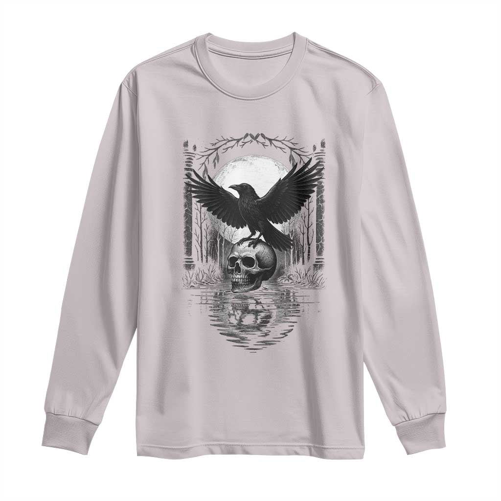 Gothic Raven On Skull With Full Moon Long Sleeve Shirt - Wonder Print Shop