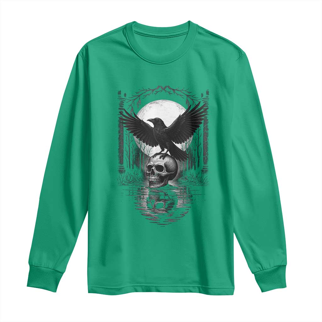 Gothic Raven On Skull With Full Moon Long Sleeve Shirt - Wonder Print Shop