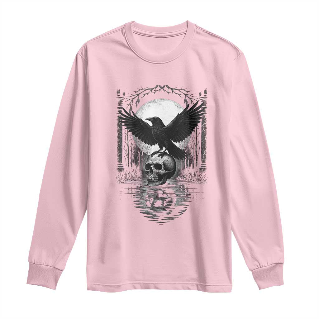 Gothic Raven On Skull With Full Moon Long Sleeve Shirt - Wonder Print Shop