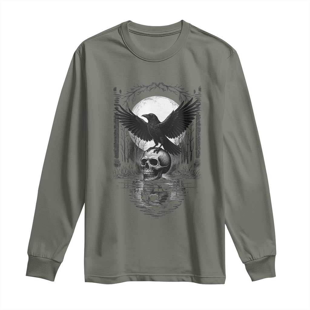 Gothic Raven On Skull With Full Moon Long Sleeve Shirt - Wonder Print Shop