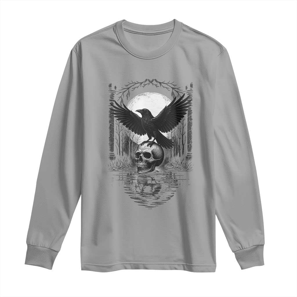 Gothic Raven On Skull With Full Moon Long Sleeve Shirt - Wonder Print Shop
