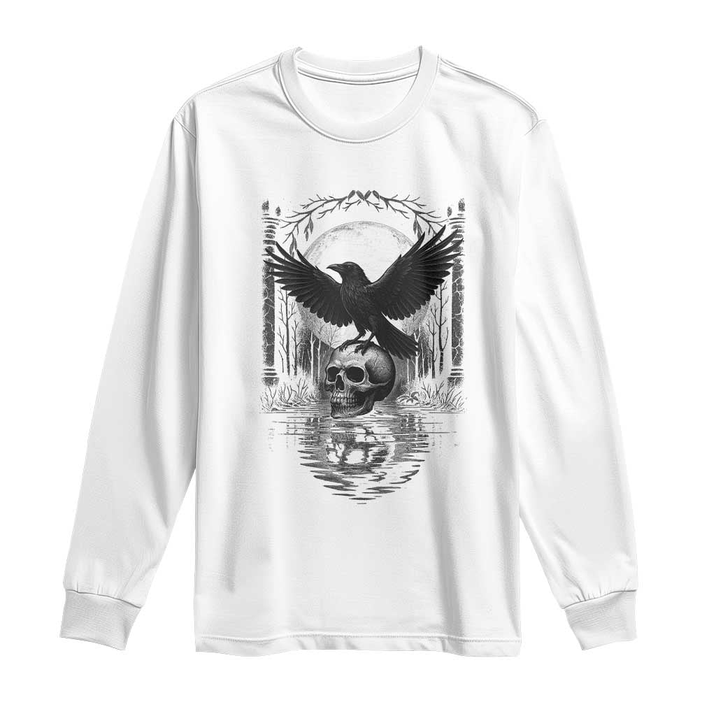 Gothic Raven On Skull With Full Moon Long Sleeve Shirt - Wonder Print Shop