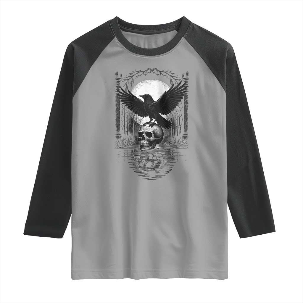 Gothic Raven On Skull With Full Moon Raglan Shirt - Wonder Print Shop
