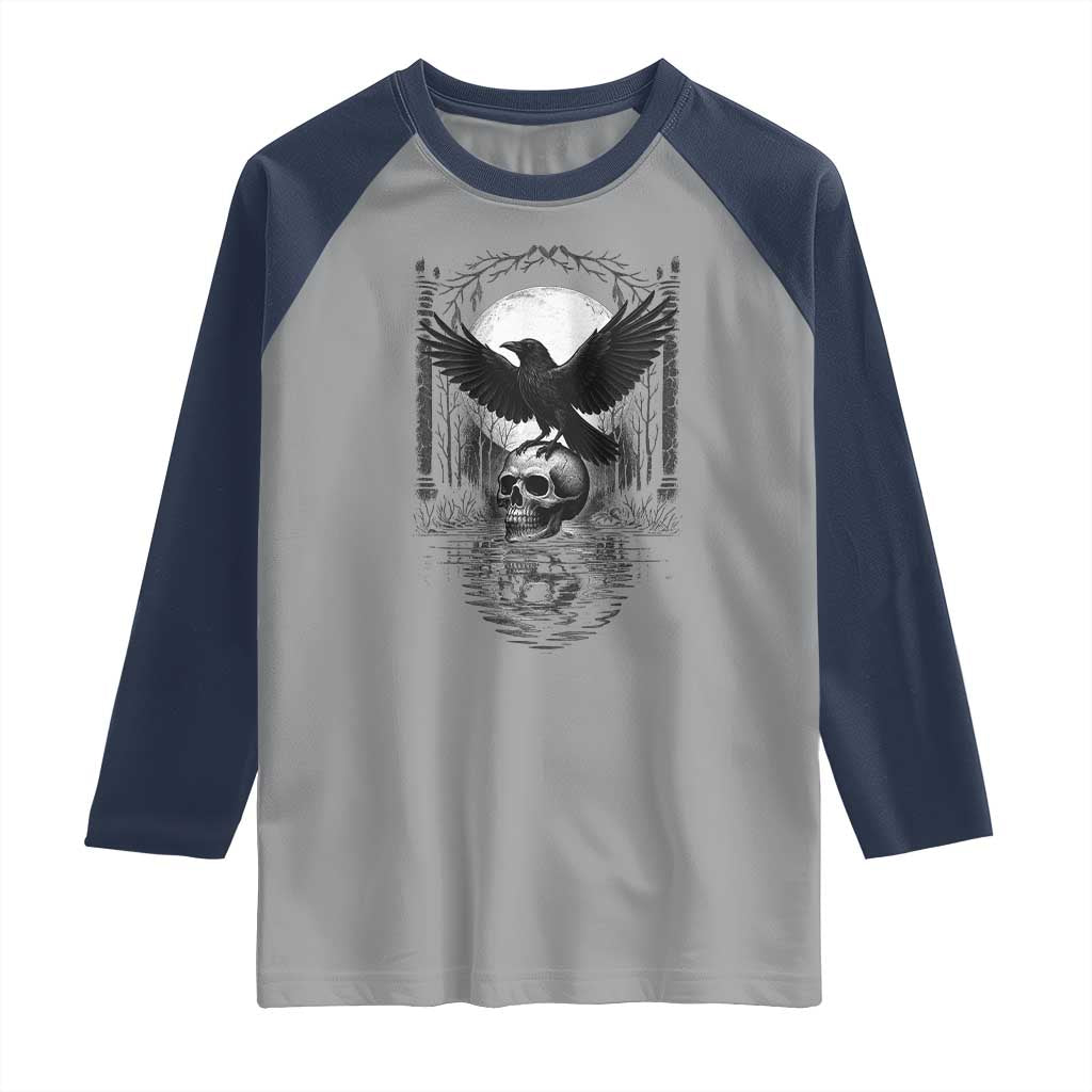 Gothic Raven On Skull With Full Moon Raglan Shirt - Wonder Print Shop