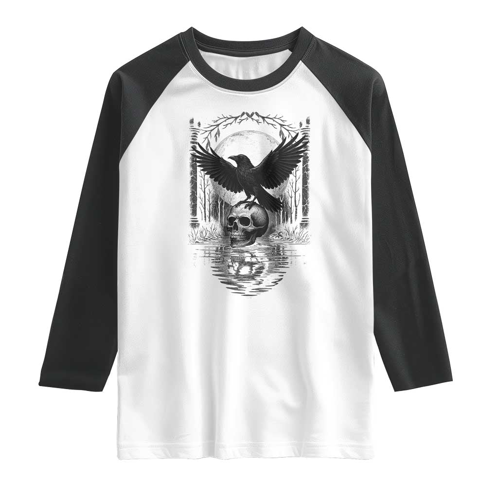 Gothic Raven On Skull With Full Moon Raglan Shirt - Wonder Print Shop