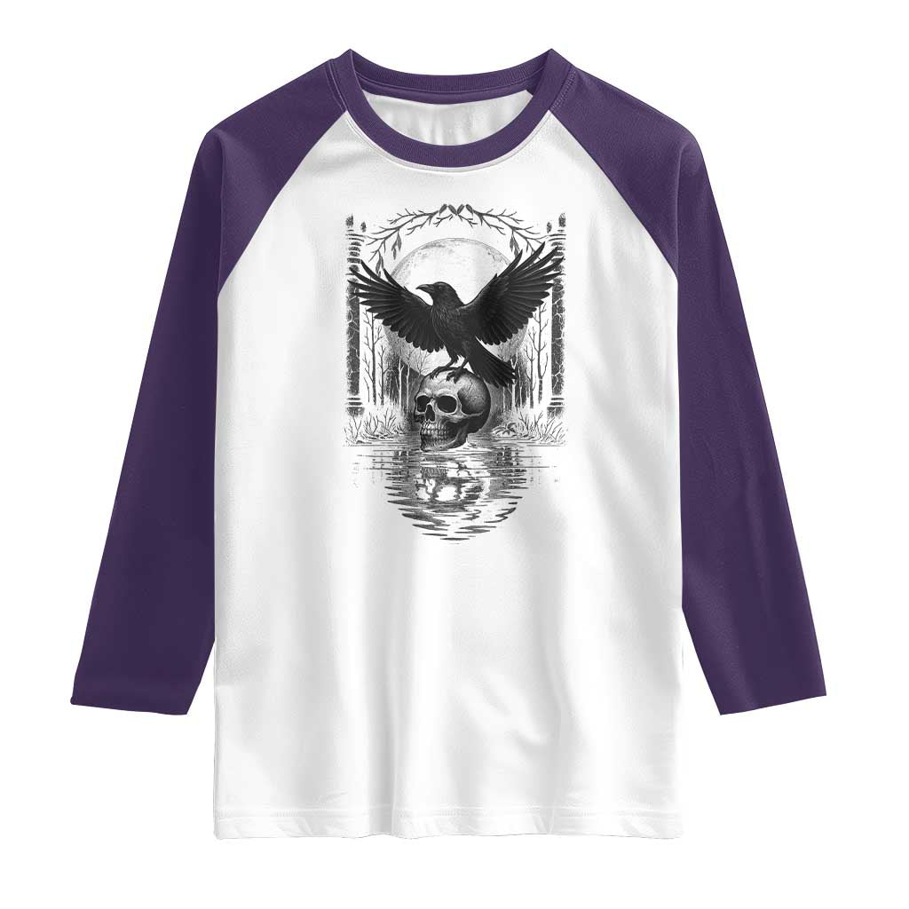 Gothic Raven On Skull With Full Moon Raglan Shirt - Wonder Print Shop