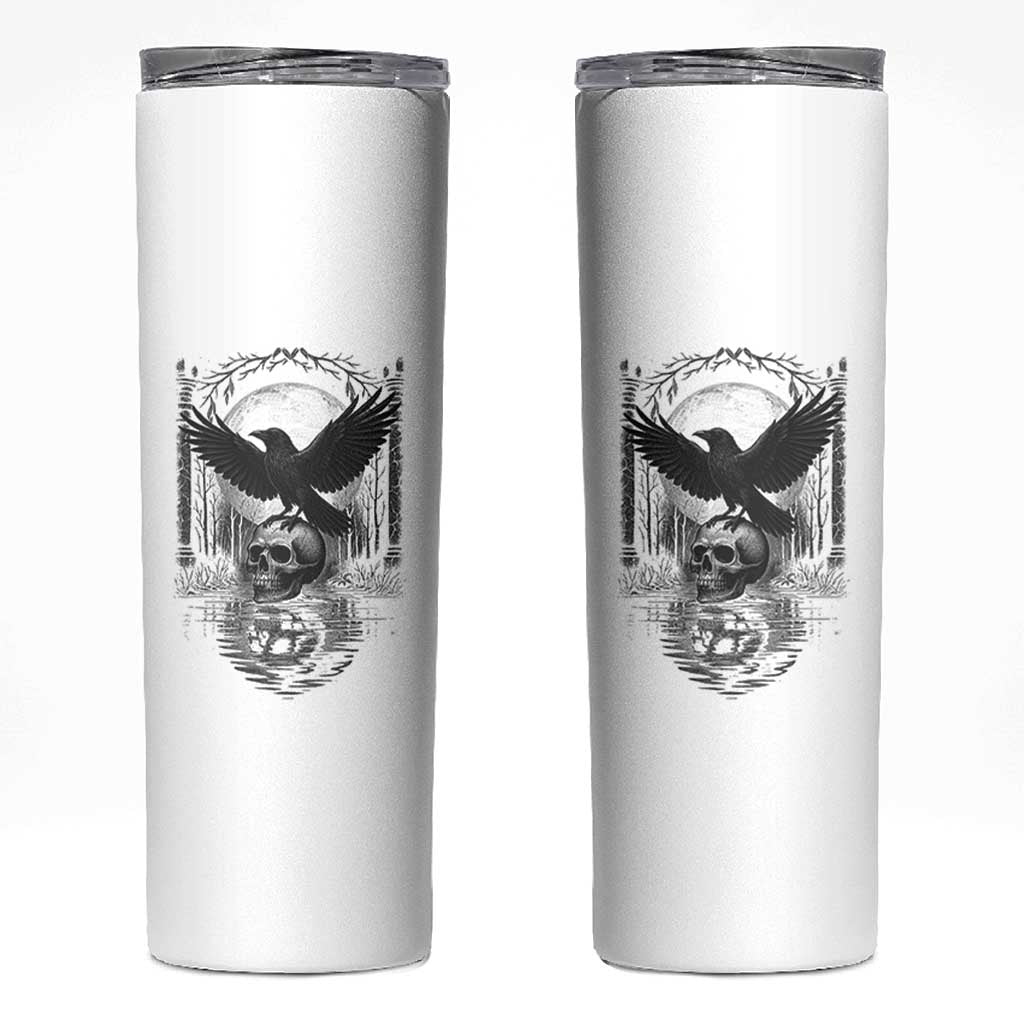 Gothic Raven On Skull With Full Moon Skinny Tumbler