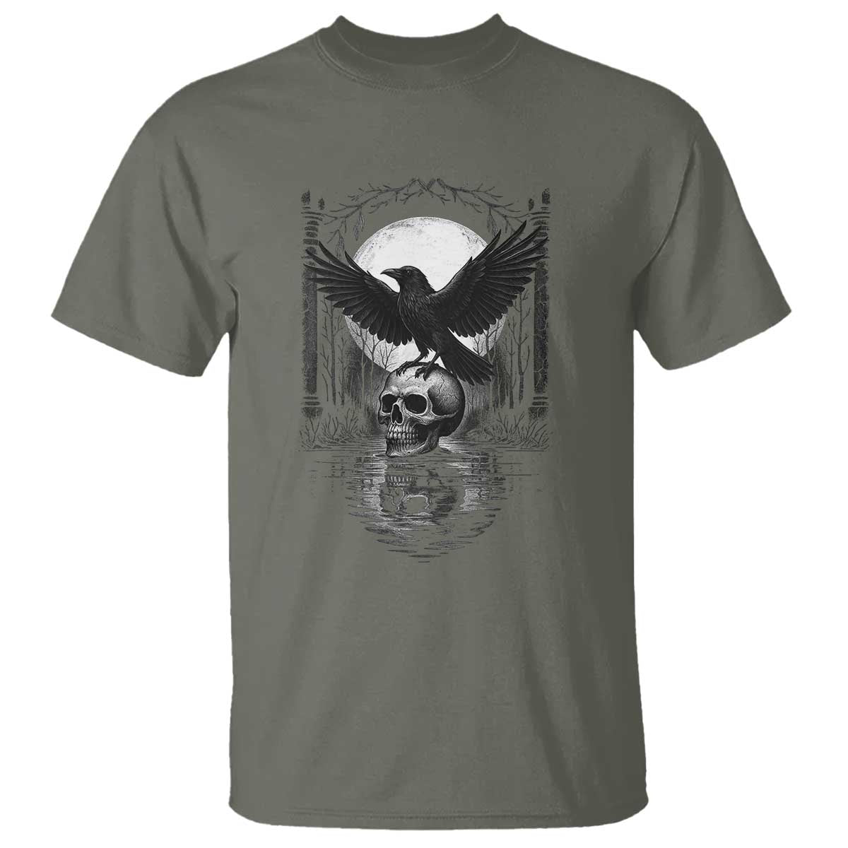 Gothic Raven On Skull With Full Moon T Shirt - Wonder Print Shop