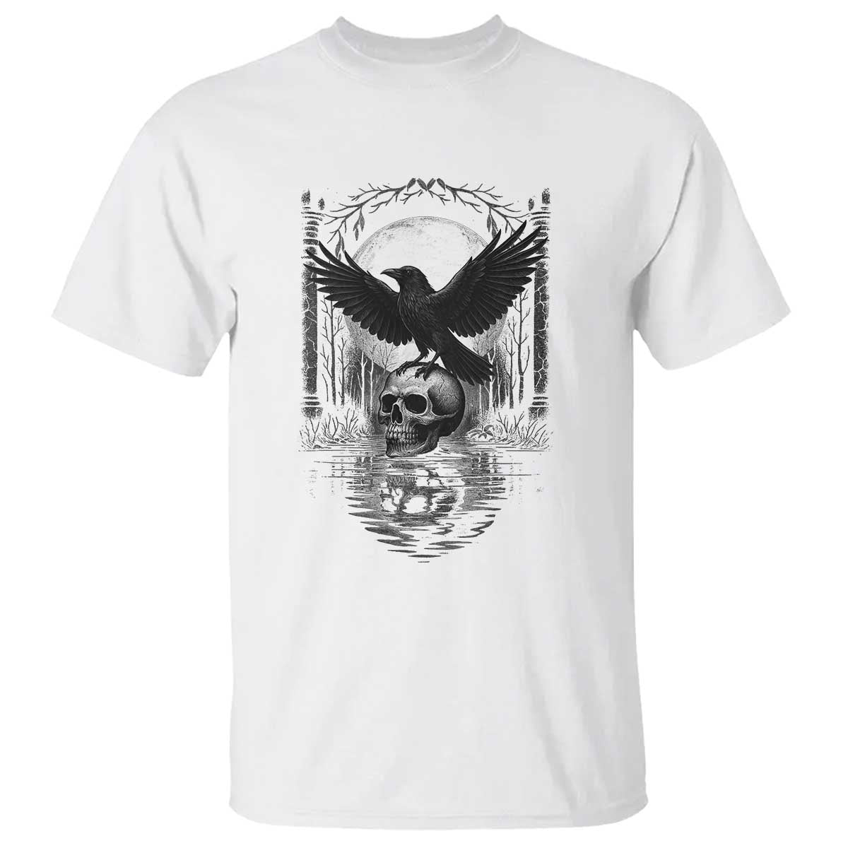 Gothic Raven On Skull With Full Moon T Shirt - Wonder Print Shop