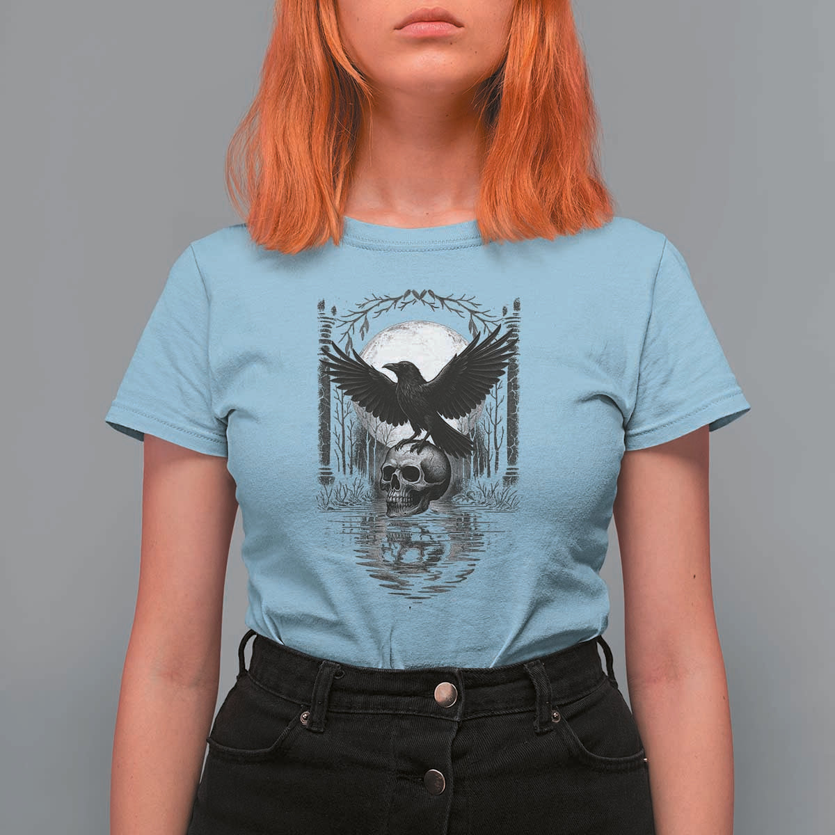 Gothic Raven On Skull With Full Moon T Shirt For Women - Wonder Print Shop