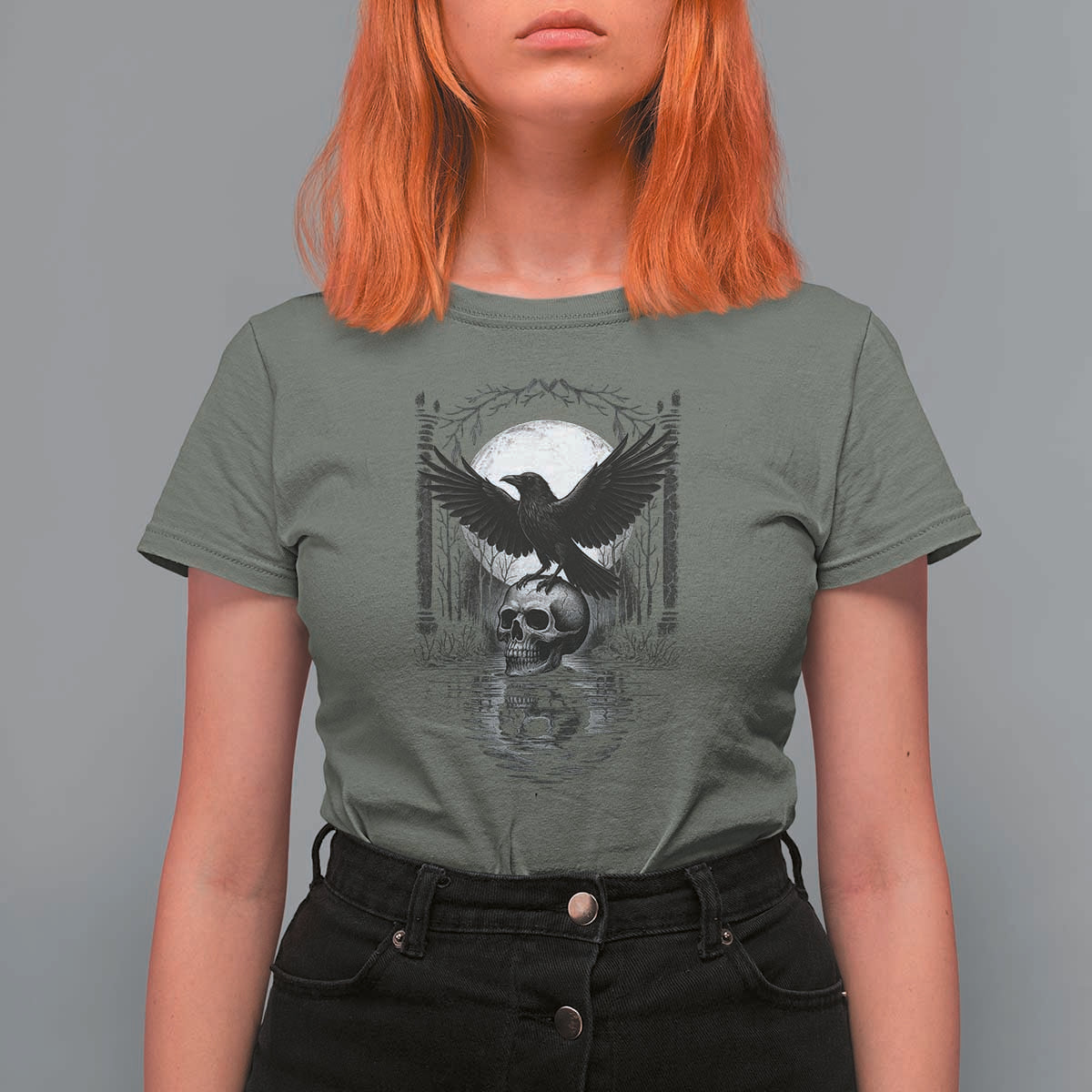 Gothic Raven On Skull With Full Moon T Shirt For Women - Wonder Print Shop