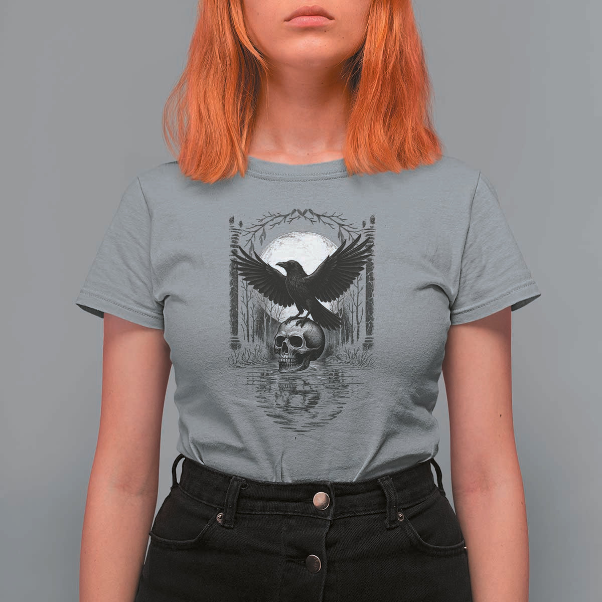 Gothic Raven On Skull With Full Moon T Shirt For Women - Wonder Print Shop