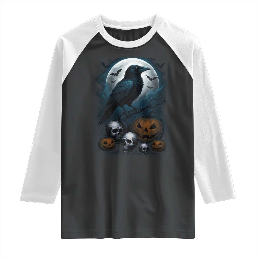 Halloween Gothic Raven Raglan Shirt Full Moon Horror Art - Wonder Print Shop