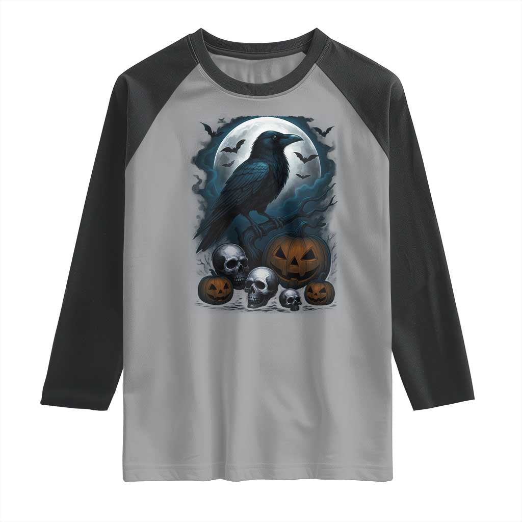 Halloween Gothic Raven Raglan Shirt Full Moon Horror Art - Wonder Print Shop