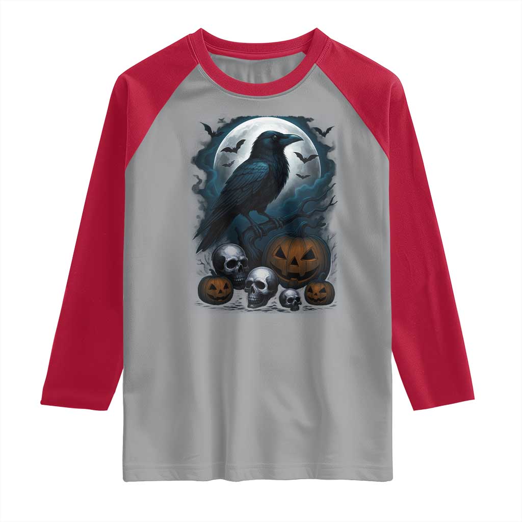 Halloween Gothic Raven Raglan Shirt Full Moon Horror Art - Wonder Print Shop