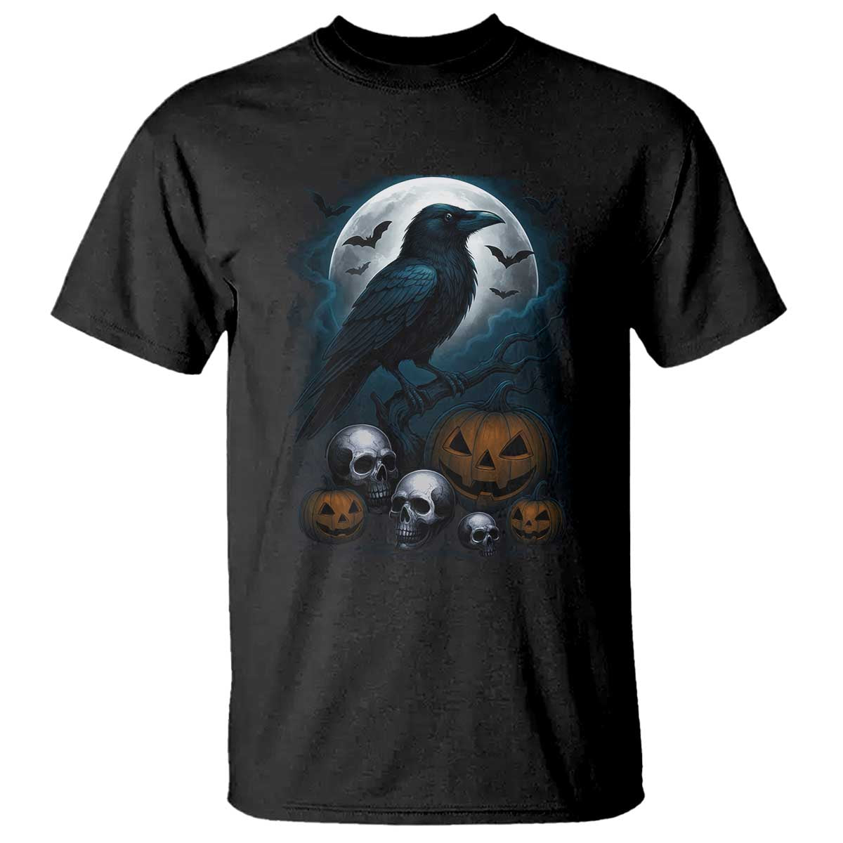 Halloween Gothic Raven T Shirt Full Moon Horror Art - Wonder Print Shop