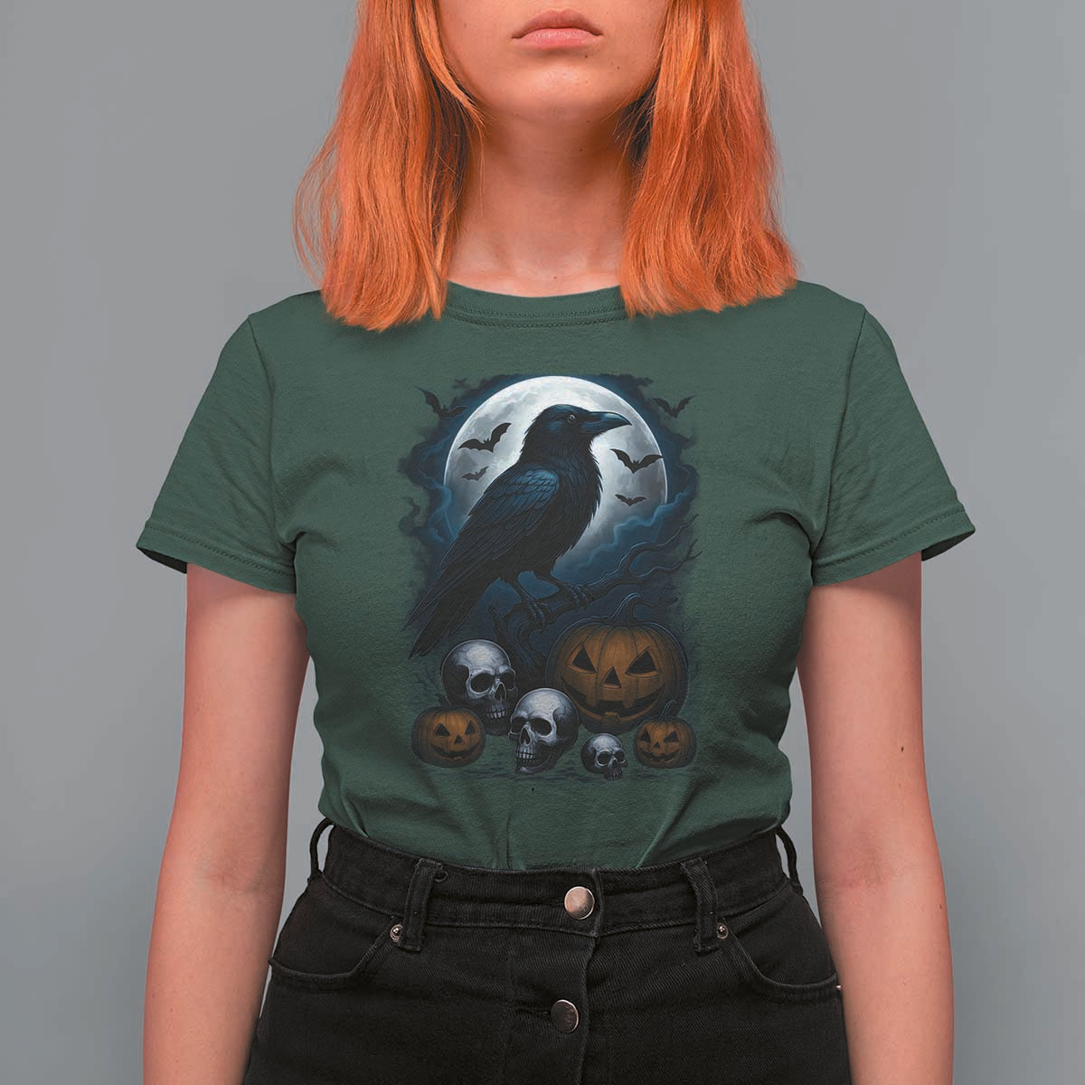 Halloween Gothic Raven T Shirt For Women Full Moon Horror Art - Wonder Print Shop