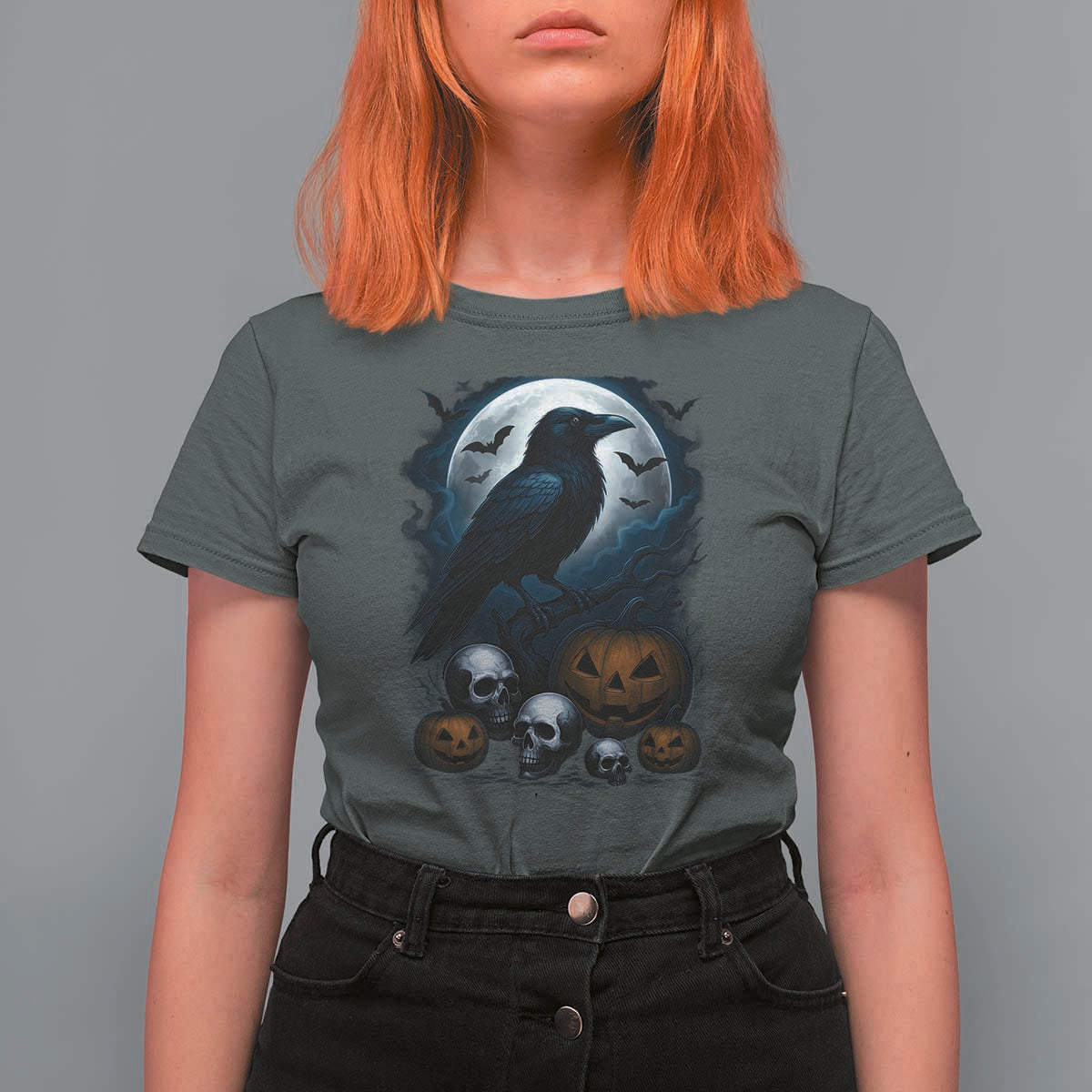 Halloween Gothic Raven T Shirt For Women Full Moon Horror Art - Wonder Print Shop