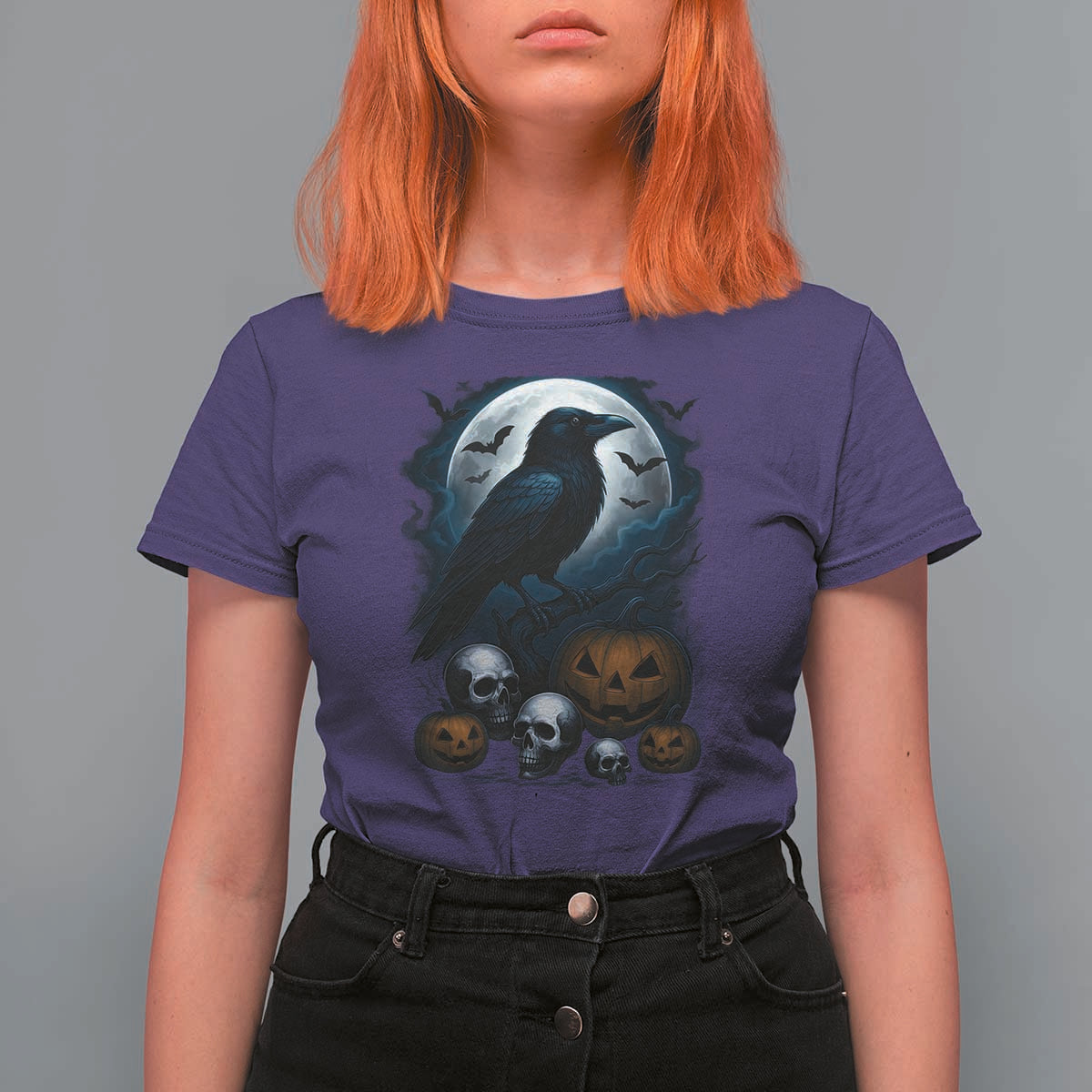 Halloween Gothic Raven T Shirt For Women Full Moon Horror Art - Wonder Print Shop