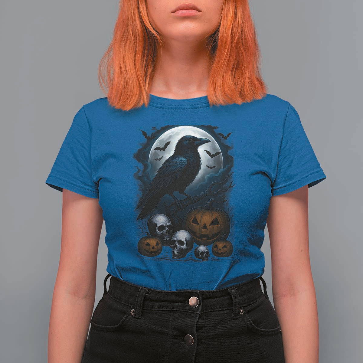Halloween Gothic Raven T Shirt For Women Full Moon Horror Art - Wonder Print Shop
