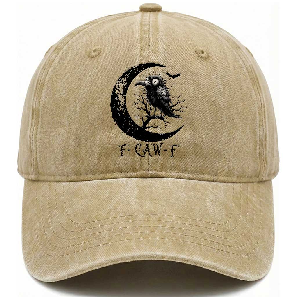Funny Raven Bird Washed Cotton Baseball Cap F Caw F Joke Moon Sarcastic Humor Art