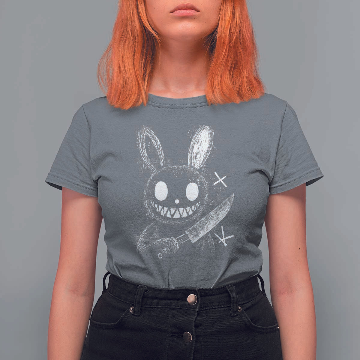 Funny Creepy Bunny With Knife T Shirt For Women Cute Horror Aesthetic - Wonder Print Shop