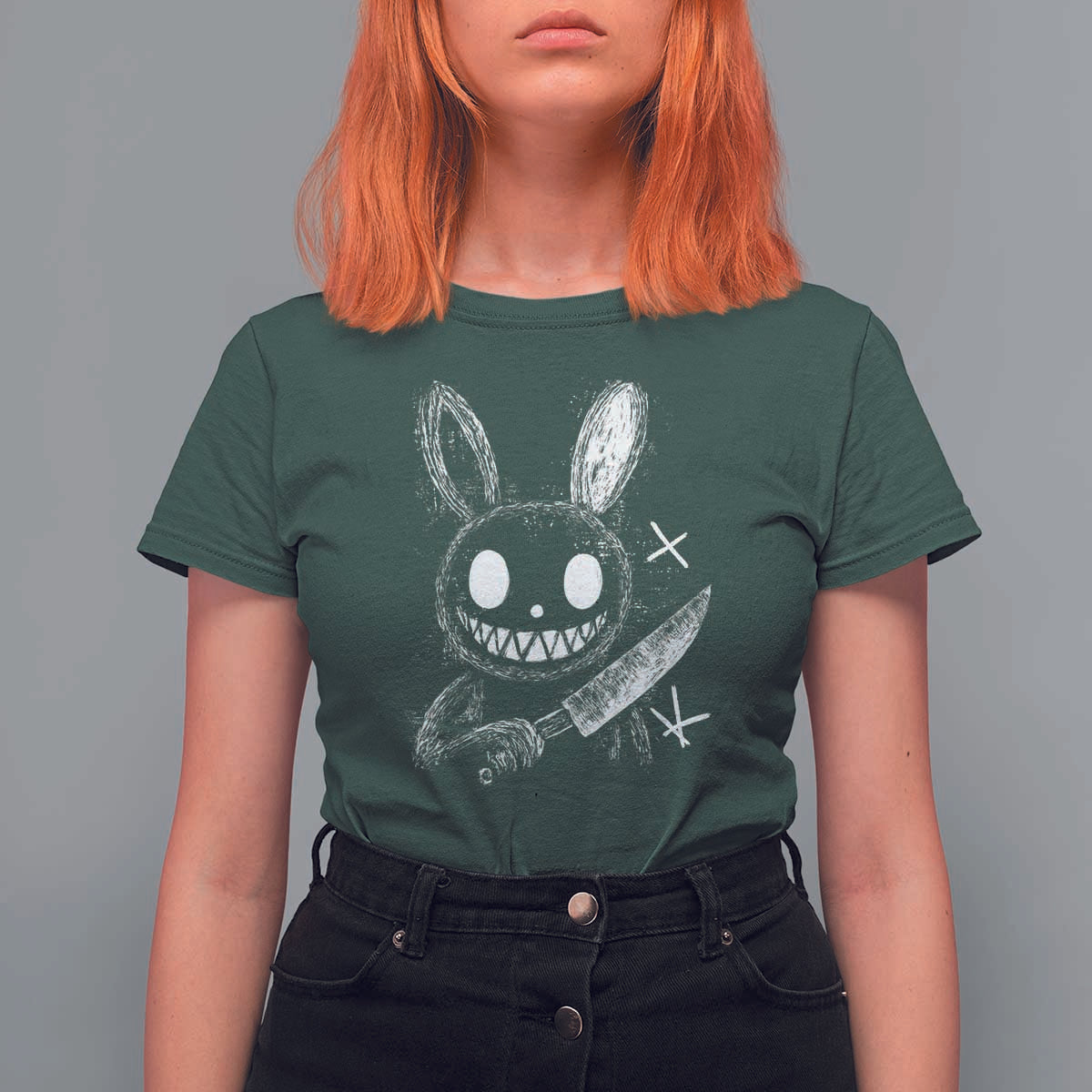 Funny Creepy Bunny With Knife T Shirt For Women Cute Horror Aesthetic - Wonder Print Shop