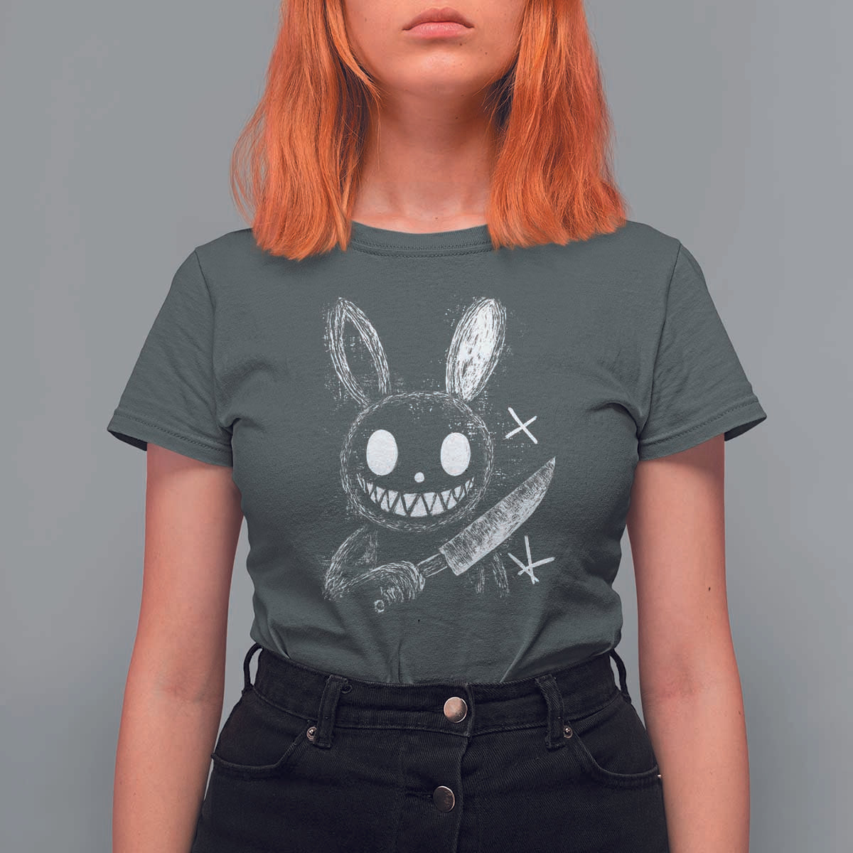 Funny Creepy Bunny With Knife T Shirt For Women Cute Horror Aesthetic - Wonder Print Shop