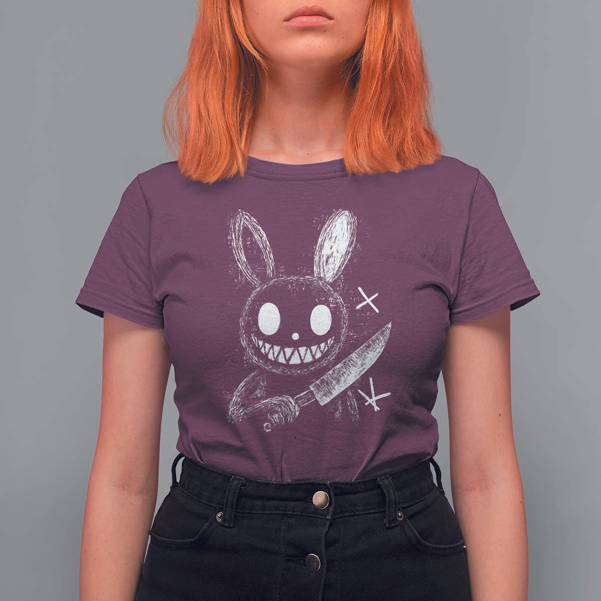 Funny Creepy Bunny With Knife T Shirt For Women Cute Horror Aesthetic - Wonder Print Shop