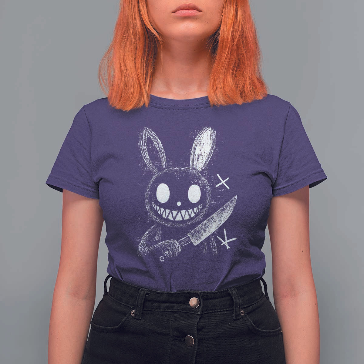 Funny Creepy Bunny With Knife T Shirt For Women Cute Horror Aesthetic - Wonder Print Shop