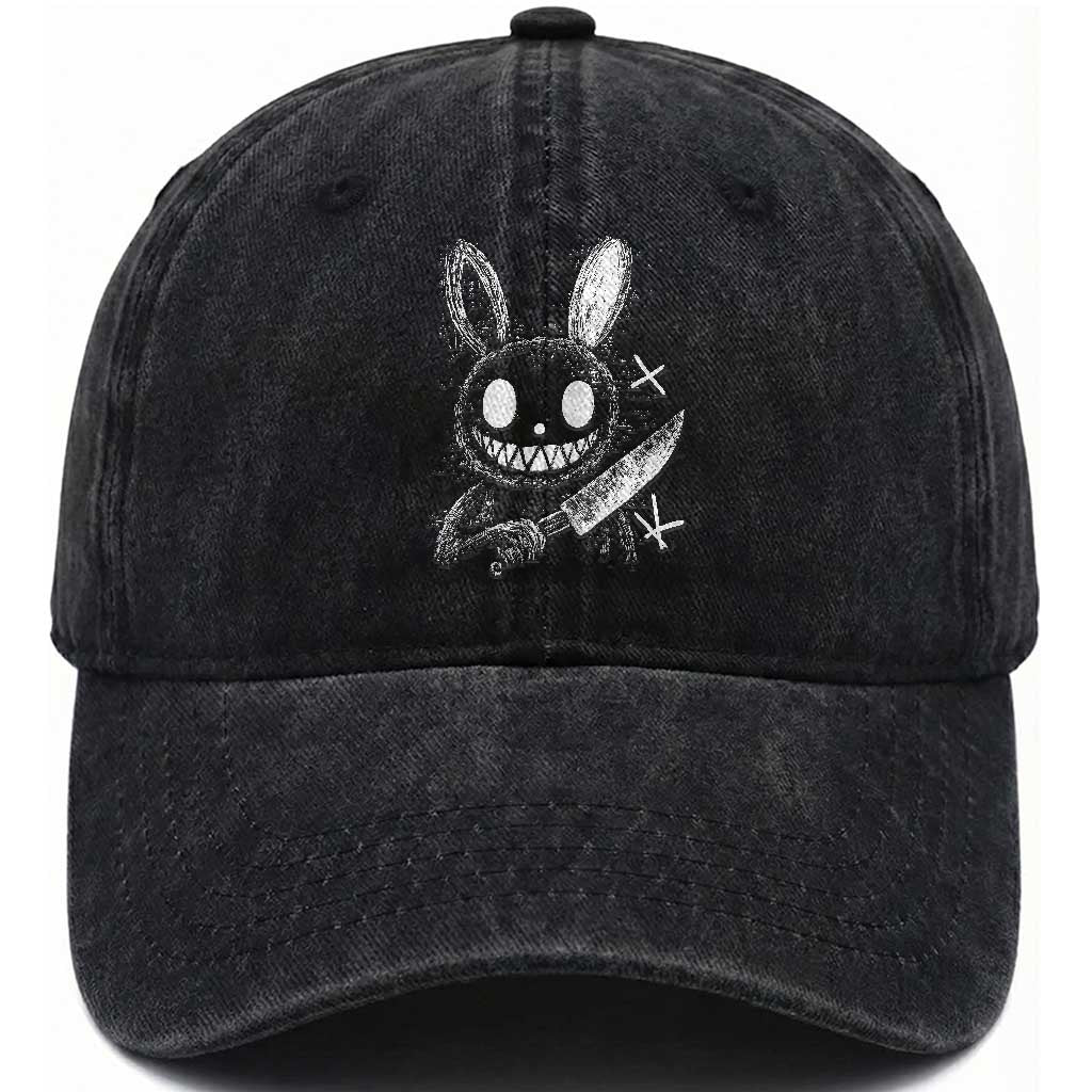 Funny Creepy Bunny With Knife Washed Cotton Baseball Cap Cute Horror Aesthetic