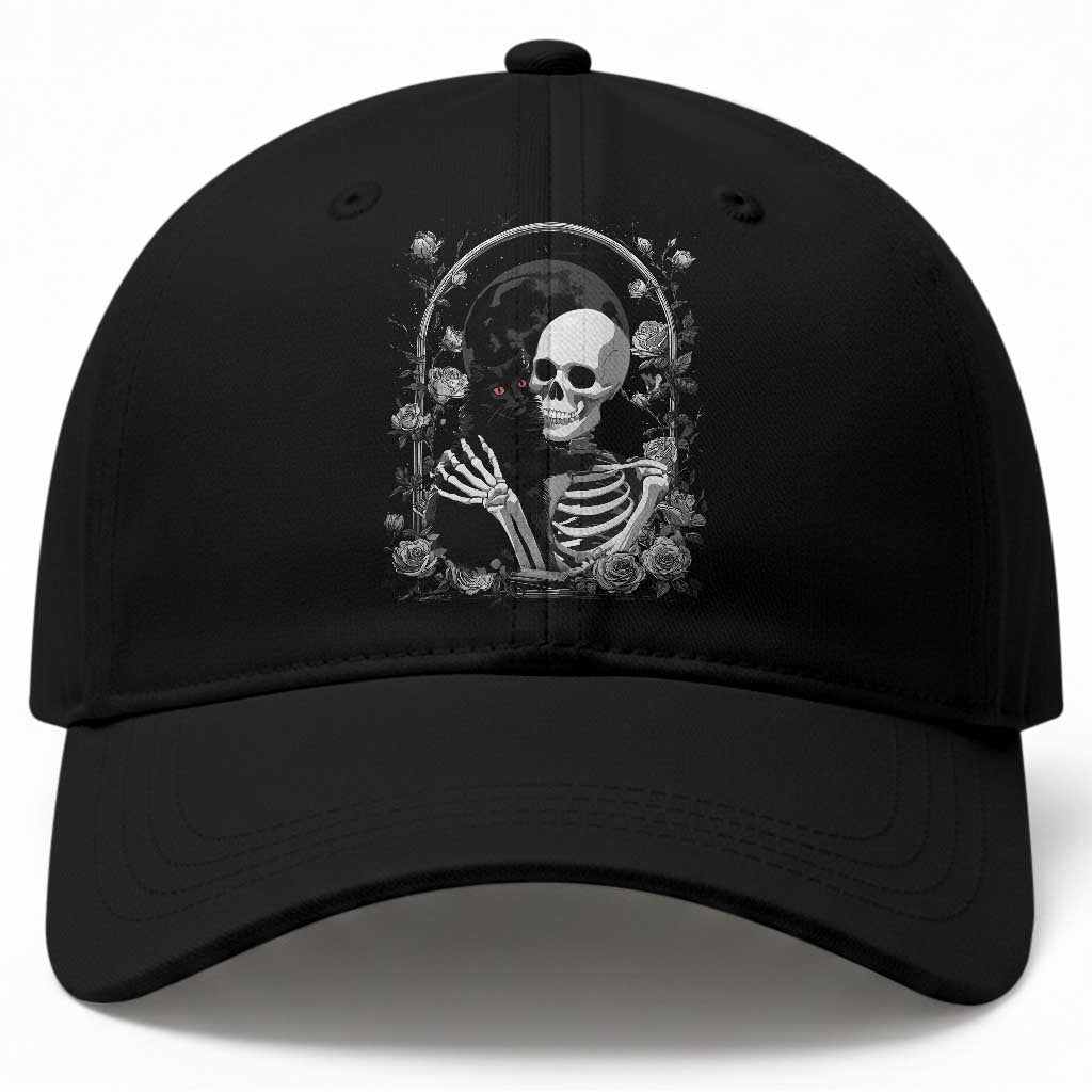 Funny Full Moon Horror Art Baseball Cap Skeleton Hug Maine Coon Cat