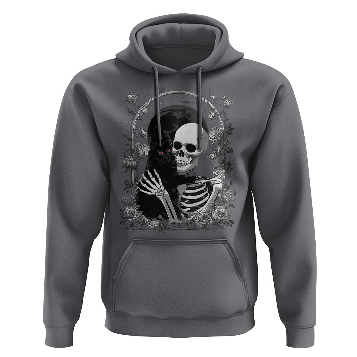 Funny Full Moon Horror Art Hoodie Skeleton Hug Maine Coon Cat - Wonder Print Shop