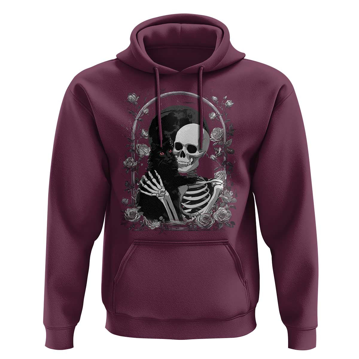 Funny Full Moon Horror Art Hoodie Skeleton Hug Maine Coon Cat - Wonder Print Shop