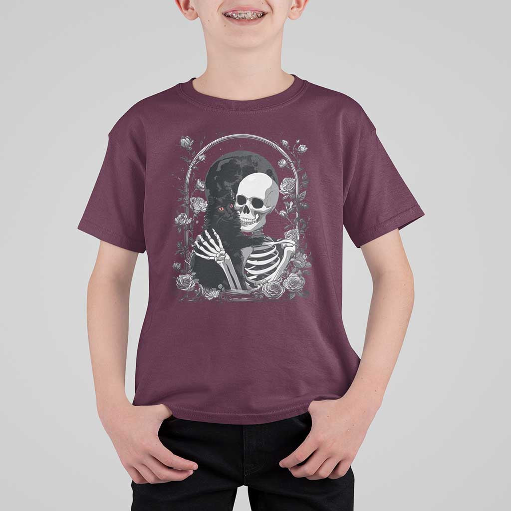 Funny Full Moon Horror Art T Shirt For Kid Skeleton Hug Maine Coon Cat - Wonder Print Shop