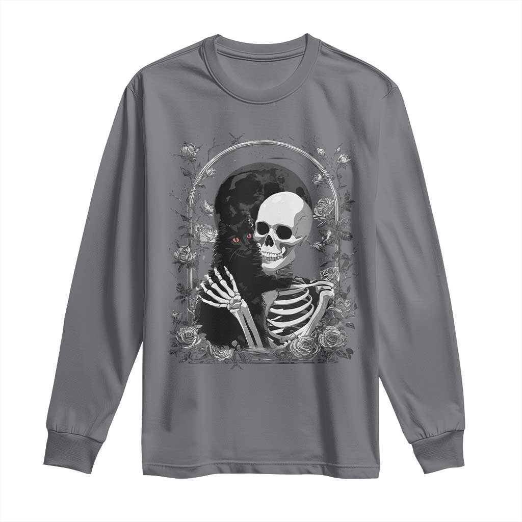 Funny Full Moon Horror Art Long Sleeve Shirt Skeleton Hug Maine Coon Cat - Wonder Print Shop