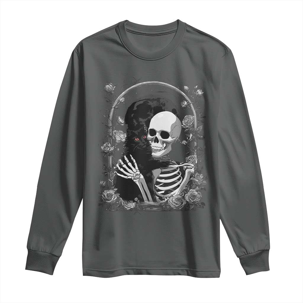 Funny Full Moon Horror Art Long Sleeve Shirt Skeleton Hug Maine Coon Cat - Wonder Print Shop
