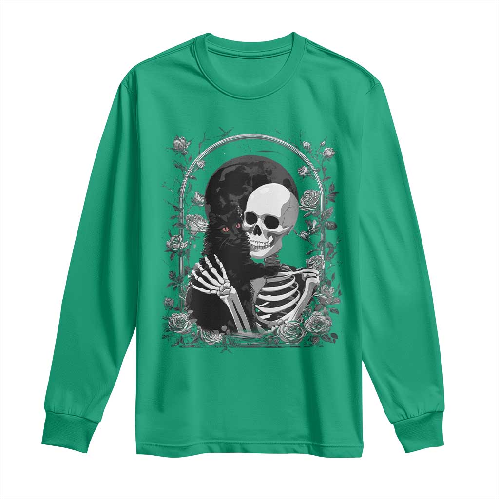 Funny Full Moon Horror Art Long Sleeve Shirt Skeleton Hug Maine Coon Cat - Wonder Print Shop