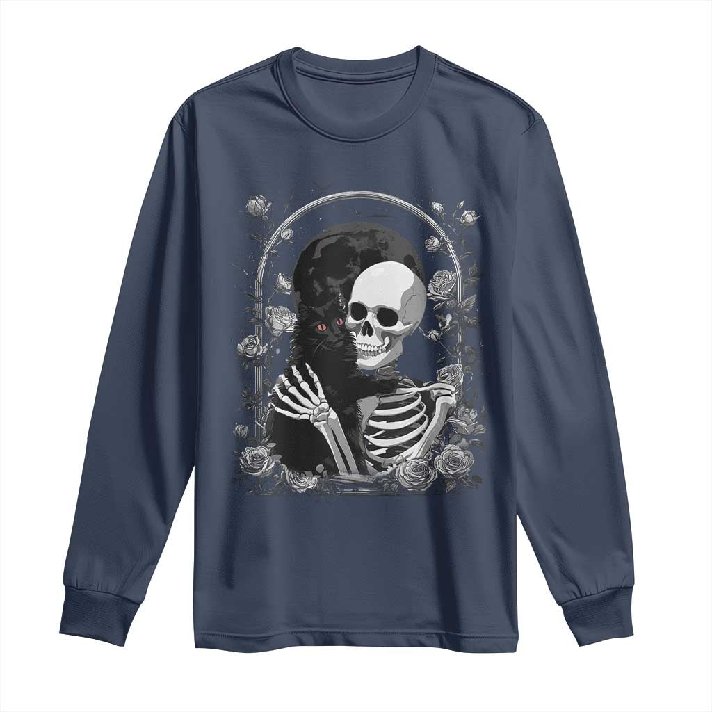 Funny Full Moon Horror Art Long Sleeve Shirt Skeleton Hug Maine Coon Cat - Wonder Print Shop