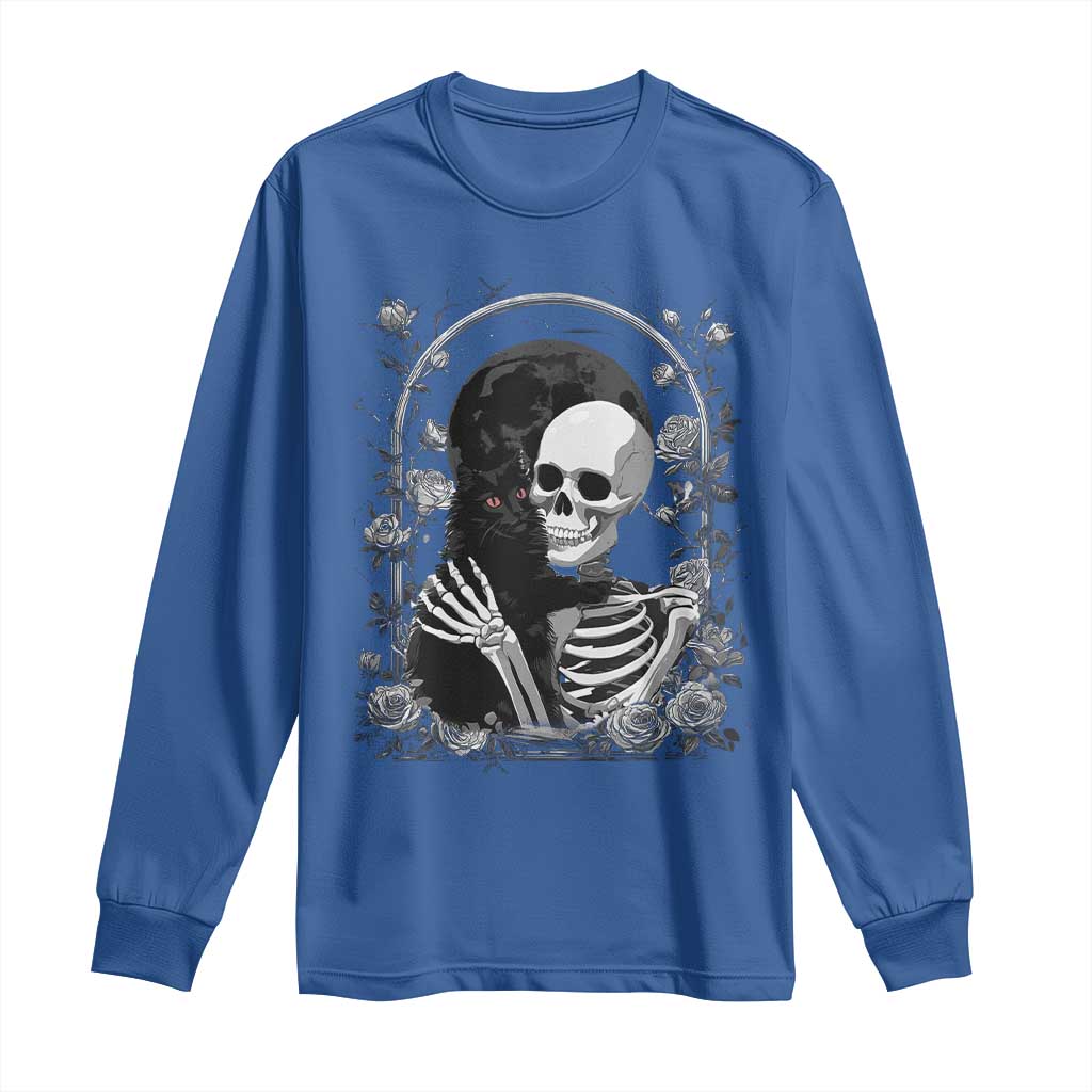 Funny Full Moon Horror Art Long Sleeve Shirt Skeleton Hug Maine Coon Cat - Wonder Print Shop