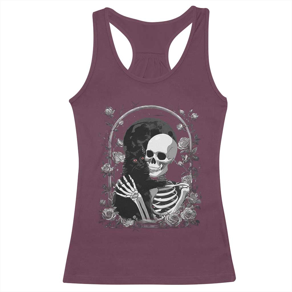 Funny Full Moon Horror Art Racerback Tank Top Skeleton Hug Maine Coon Cat - Wonder Print Shop
