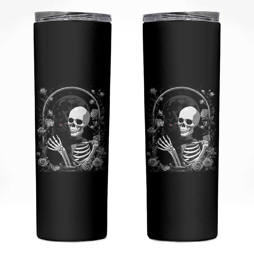 Funny Full Moon Horror Art Skinny Tumbler Skeleton Hug Maine Coon Cat